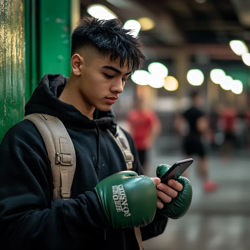 Un jeune combattant consulte son téléphone, gant vert au poing
